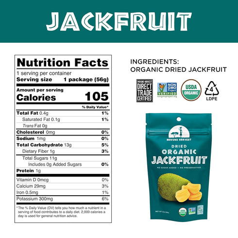 Mavuno Harvest Jackfruit Dried Fruit Snacks, Organic Dried Jackfruit Chips, Gluten Free, 2 Ounce, Pack of 3