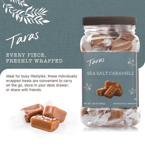 (20 oz) Taras Gourmet Sea Salt Caramels | All Natural Candy | Creamy & Individually Wrapped with Real Butter