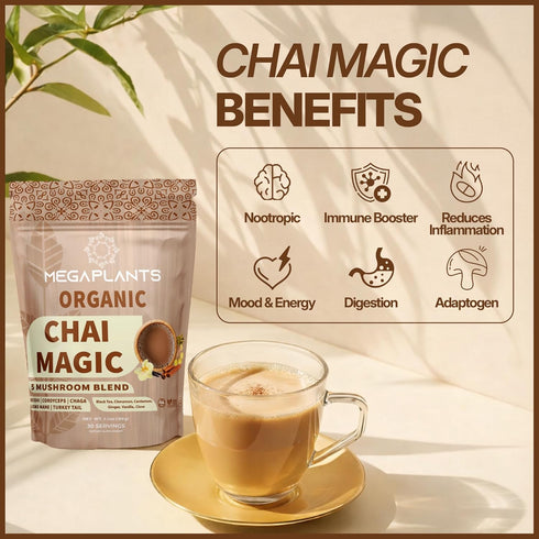 (30 MegaPlants Adaptogenic Mushroom Chai Tea Servings) | No Crash Energy & Focus Blend with Lions Mane, Reishi, Turkey