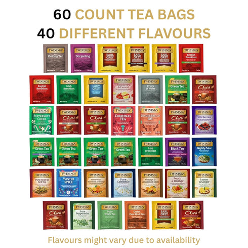 (60 Count) 40 Twinings Tea Bag Sampler Variety with Walnut Wooden Organizer Different Flavours, Gift for Tea Lovers: