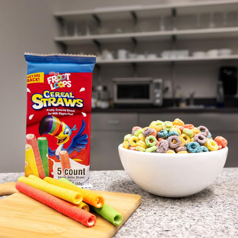2025 5 Count, (3 Pack) Kelloggs Froot Loop Cereal Straws, Edible Breakfast Straw, Nostalgic Treat, Birthday Party