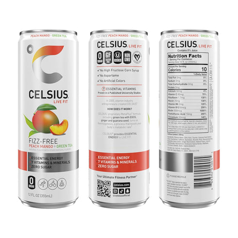 12 Oz (Pack 4) CELSIUS Fizz Free Peach Mango Green Tea, Sugar Free Energy Drink, Fl