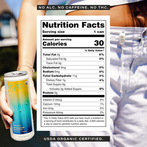 12 Pack Hiyo Organic Social Tonic - Pineapple Coconut, - N.A. Functional Seltzer, Sparkling Water Crafted with Organic