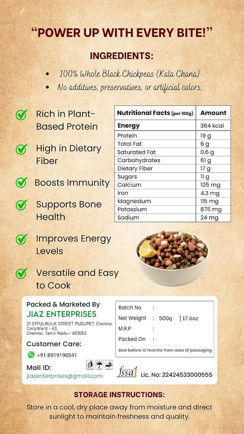 17.6 Oz (500g) Jiaz Enterprises Kala Chana (Desi Chickpeas Chana with skin) ~ Black Chickpeas | All Natural | Gluten