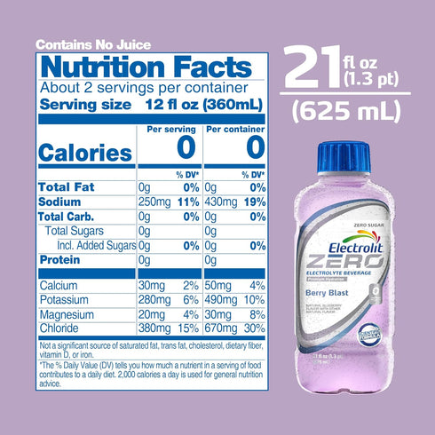 21 Oz (Pack 12) Electrolit Zero, Electrolyte Beverage, Berry Blast, Fl bottle