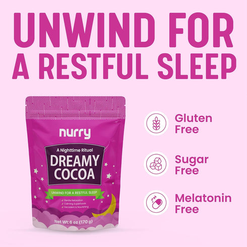 NURRY 30 6 OZ (170 Pack Nighttime Sugar-Free Hot Cocoa Mix, Calming Melatonin-Free Sleep Aid Drink, Mushroom