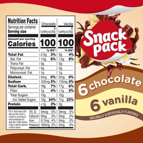 Snack Pack Pack, 12 Count, 6 Pack Chocolate and Vanilla Pudding Cups Family