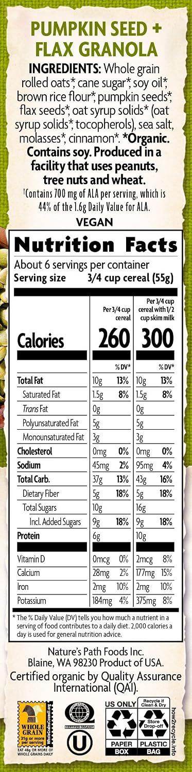 11.5 (Pack 6) Nature's Path Organic Granola Cereal, Pumpkin Seed + Flax, Ounce Box