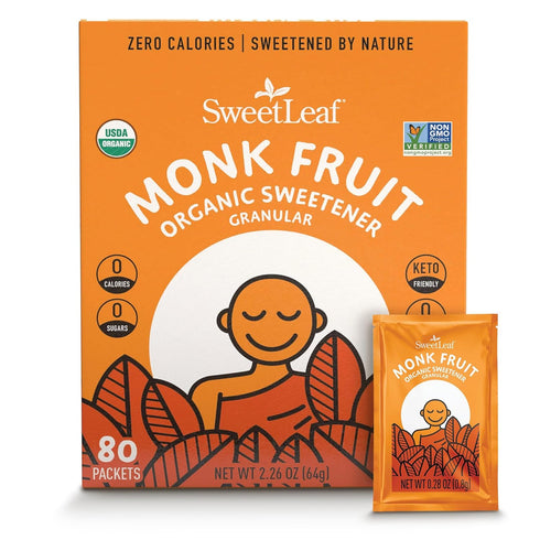 SweetLeaf Organic Monk Fruit Sweetener - Granular, Keto Friendly Natural Sugar Substitute, 80 Individual Packets