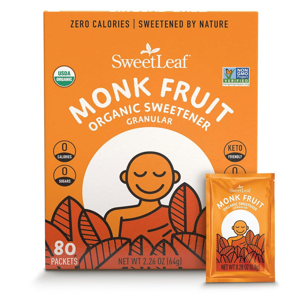 SweetLeaf Organic Monk Fruit Sweetener - Granular, Keto Friendly Natural Sugar Substitute, 80 Individual Packets