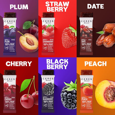 30 Count Pack Fruit Leather Strips | Real Fruit Variety with Strawberry, Plum, Peach, Blackberry, Date & Cherry