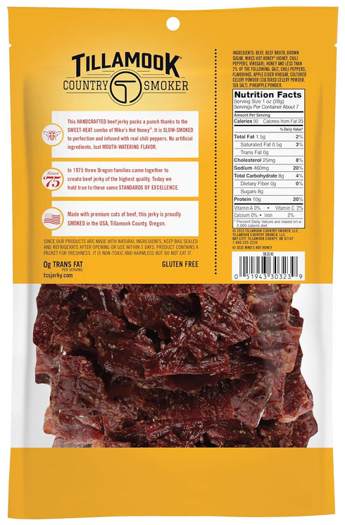 Country 6.5 Tillamook Smoker Premium Beef Jerky, Mike's Hot Honey, Ounce, Real Hardwood Smoked Beef, Low Carb, High