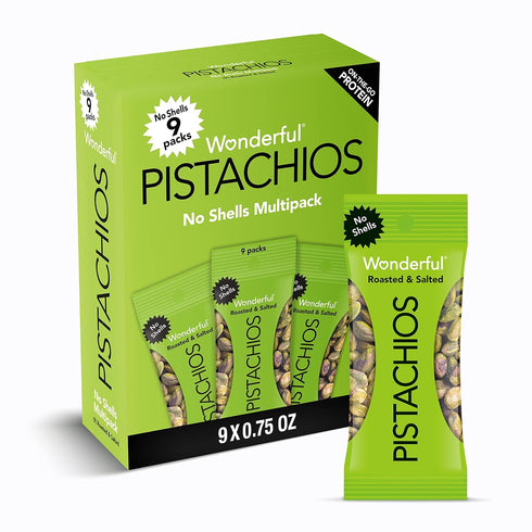 Wonderful Pistachios No Shells, Roasted & Salted Nuts, 0.75 Ounce Bag (Pack of 9), Gluten Free Protein Snacks,