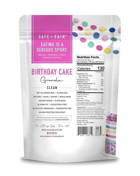 0g -12oz, 6 Pack Safe + Fair Birthday Cake Granola Gluten-Free, Vegan & Plant-Based Snack with Natural Sprinkles Trans