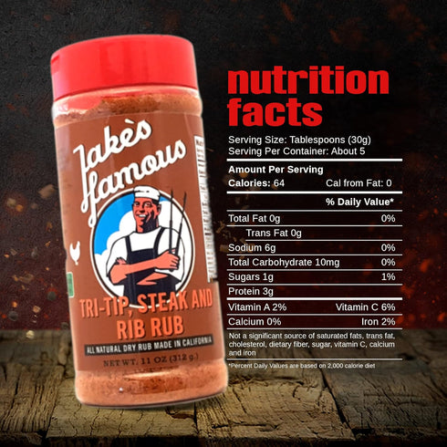 Jake's Famous Foods 11 Oz (Pack 1) Jake's Righteous Rubs Tri Tip, Steak & Rib Rub All Purpose, Brown Sugar BBQ