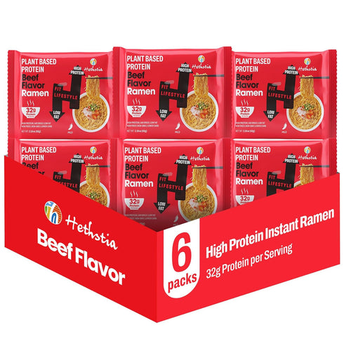 Hethstia High-Protein Ramen, Spicy Beef Flavor With 32g Plant-Based Protein, 6-Pack Instant