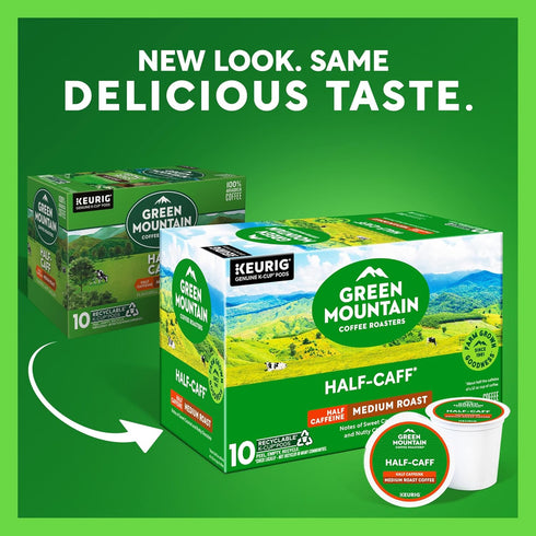60 Count, (6 Packs 10) Green Mountain Coffee Roasters Half Caff, Keurig Single Serve K-Cup Pods, Medium Roast Coffee