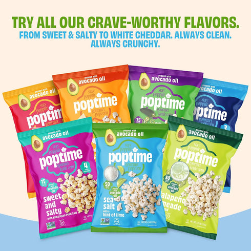 1 oz Pack 24 Poptime Sea Salt Popcorn with a Hint of Lime, Individual Snack Bags, Kettle Cooked Popcorn Made