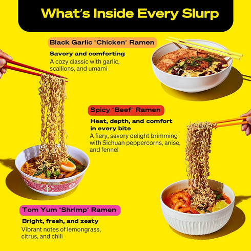 immi Pack 6-Pack Variety Ramen Spicy Beef, Black Garlic Chicken & Tom Yum Shrimp Vegan, High Protein Ramen Noodles Low