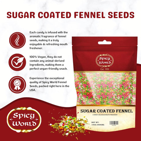Spicy World 14 Oz (400g) Pack Sugar Coated Fennel Seeds | Sweet Saunf Candy for Mouth Freshening - | Premium Quality