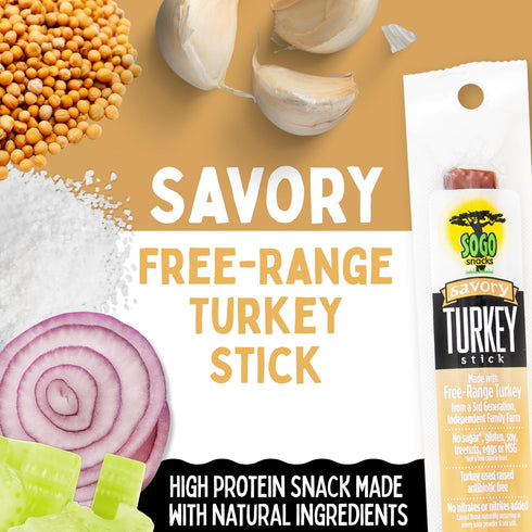 100% 1-oz, 12 Savory Turkey, Sogo Snacks, No Sugar, Free-Range, Non-GMO Turkey Sticks. No Added Nitrates, Gluten, Soy