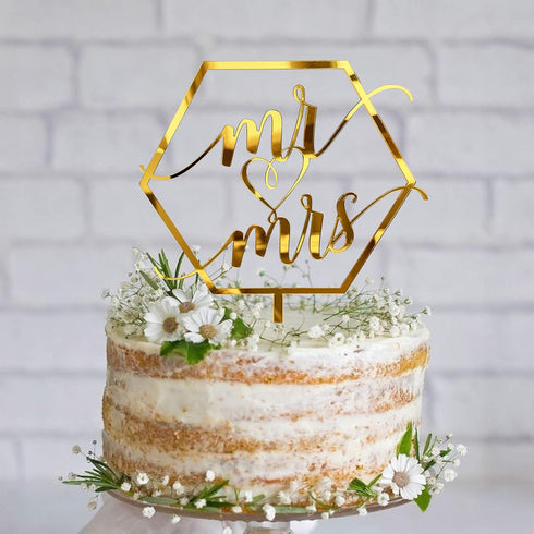 Larger Size Acrylic Mirror Gold Hexagon Mr and Mrs Cake Toppers - Elegant Handwriting Wedding, Bridal Shower,
