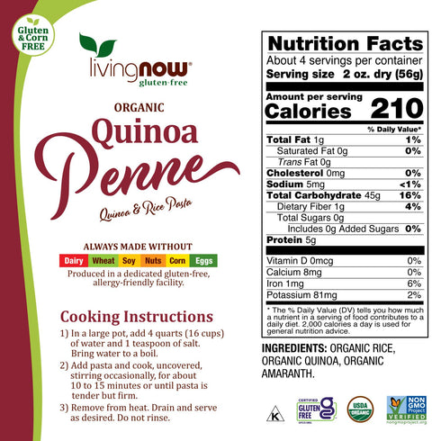 NOW Foods Organic Quinoa Penne, Gluten-Free, Corn-Free, Non-GMO, 8-Ounce Quinoa and Rice Pasta