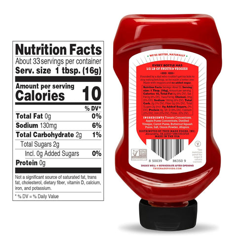 30, (18.5 oz, 3 Pack) True Made Foods - No Sugar Added Ketchup - Condiment Squeeze Bottles Made with Fruit and Veggies