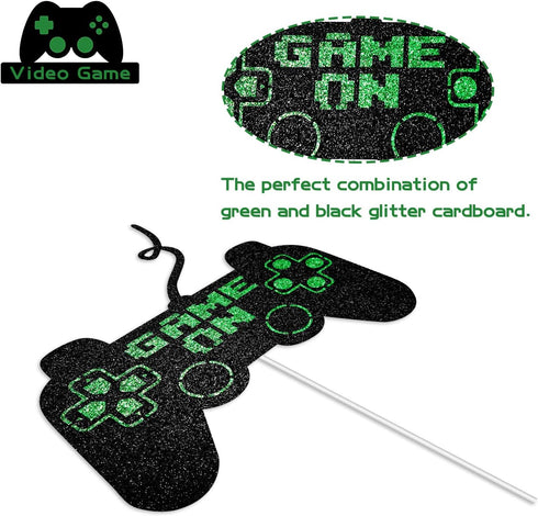 Game On Big Cake Topper - Black and Green Glitter Video Game Controller Cake Decorations for Kids