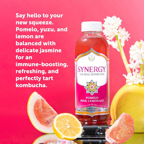 16 oz Immune SYNERGY The Real Kombucha - Pomelo Pink Lemonade - fl Bottle - Raw Probiotic Drink for Gut Health