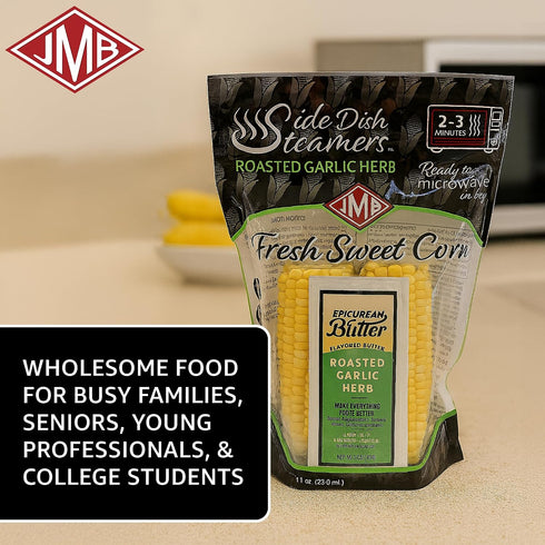 4 Count JMB Produce Side Dish Steamers - Corn Side Dishes - Roasted Garlic Herb Flavor - Microwavable Fresh Vegetables