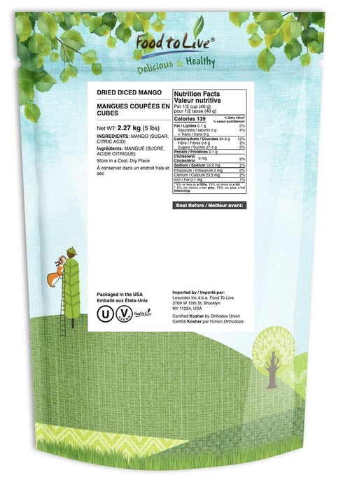 5 Food to Live Dried Diced Mango, Pounds Sweetened, Unsulfured, Sulfite Free Chunks, No Added Color, No Artificial
