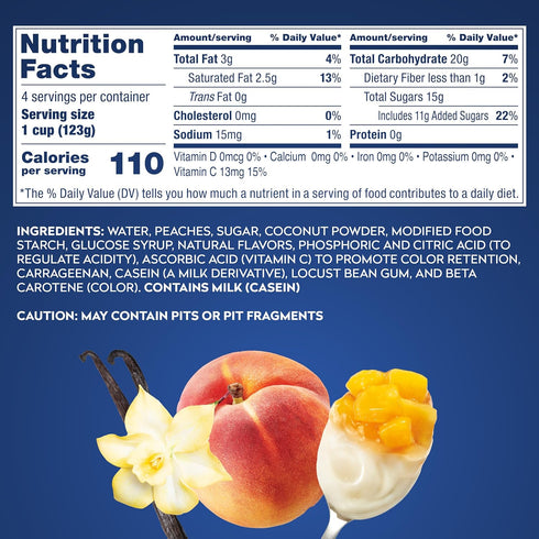 4.3oz 24 Dole Fruit Bowls Low Fat Peaches & Creme Parfait Snacks, Total Cups, Gluten & Dairy Free, Bulk Lunch Snacks
