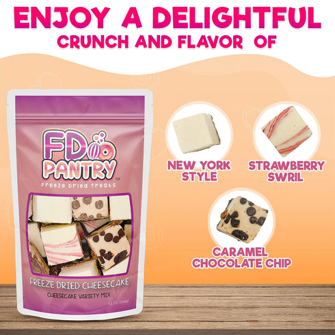 4.1oz Freeze Dried Cheesecake Bites New York Style - Caramel, Chocolate Chip and Strawberry Swirl Freeze Dried Dessert