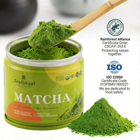 1.41 oz (40 ZenRitual Ceremonial Grade Matcha Powder - Pure Organic Green Tea, Single Servings) Tin - Authentic Stone