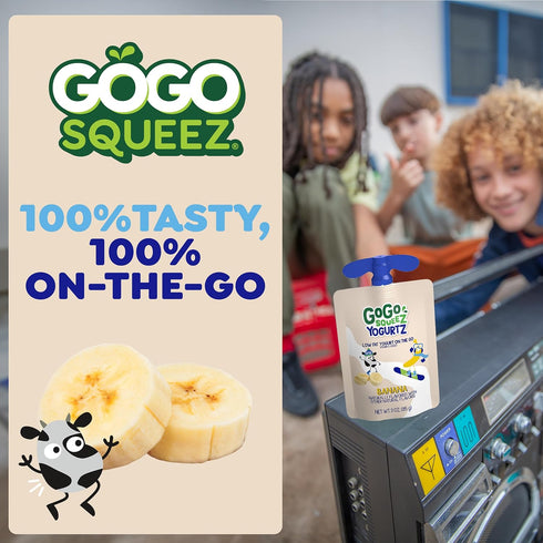 3 oz (Pack 4), GoGo squeeZ yogurtZ Banana, of Kids Snacks Made from Real Yogurt and Fruit, Pantry Friendly, No Fridge