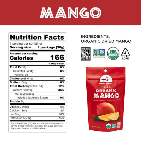 Mavuno Harvest Organic Dried Mango Snacks - Unsweetened, Gluten Free, Vegan, Non-GMO, 2 Ounce, Pack of 3