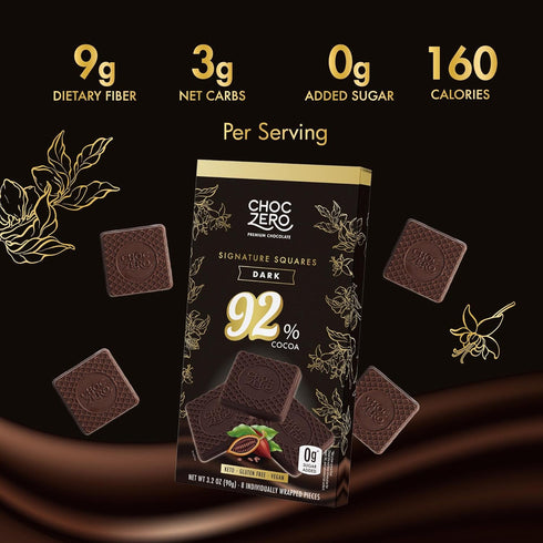 92% 4 Count (3.2 oz ChocZero Cocoa Ultimate Dark Chocolate Squares Sugar Free, Vegan, Keto Friendly & High Fiber, No