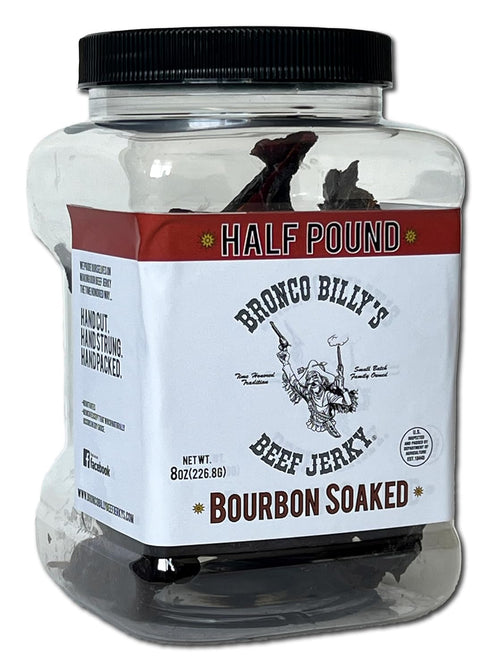 Bronco Billy's Beef Jerky Bourbon Soaked Half Pound Jar - 8oz -