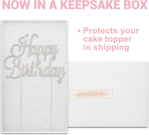 Happy Birthday Cake Topper - Premium Silver Metal, Sparkly Rhinestone Decoration for Party Centerpiece, Now Protected