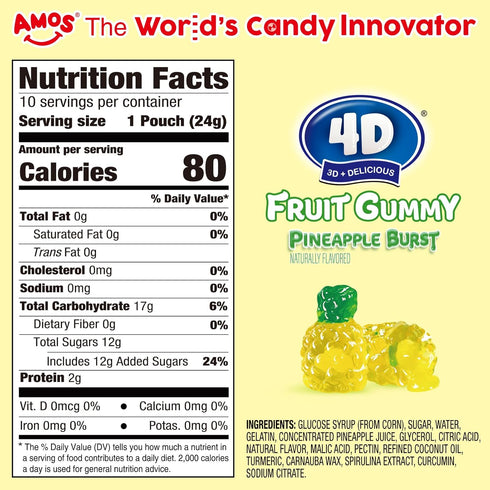 4D Gummy 8.47 oz 3D ~10 Packs, AMOS Fruit Candy, Pineapple Burst, Box - Realistic Shapes with Soft Juice-Filled Center
