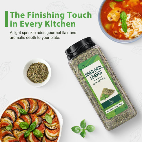 5 oz (142g), Soeos Basil Leaves, Cut and Sifted, Dried Basil Leaves, Pairs Well with Pasta, Salad, Pizza, Sauces