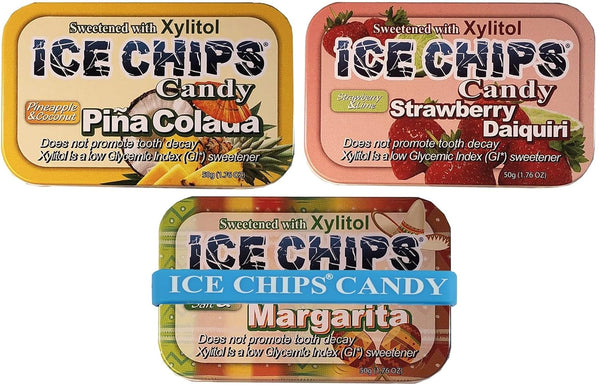 ICE CHIPS Xylitol Candy 3 Pack Assortment, 5.28 oz Total (Strawberry Daiquiri, Margarita, Pina Colada) Includes BAND