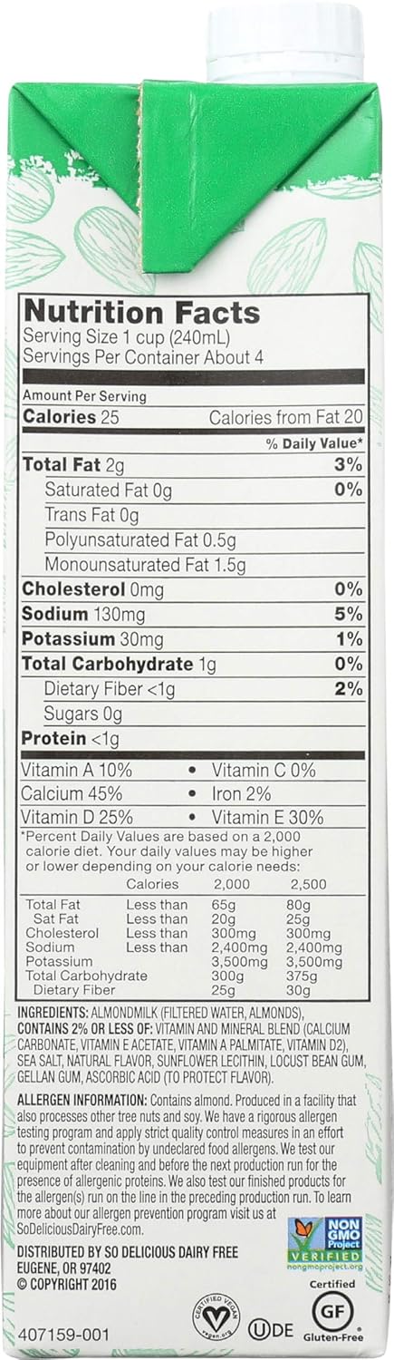 SO DELICIOUS 32 Oz6 , Almond Milk Unsweetened Aseptic, Fl