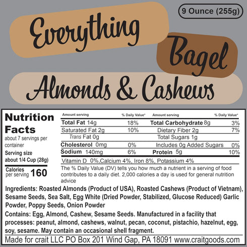 9 Everything Bagel Cashews and Almonds, Flavored Cashews, Flavored Almonds with Everything Bagel Seasoning, Mixed Nuts
