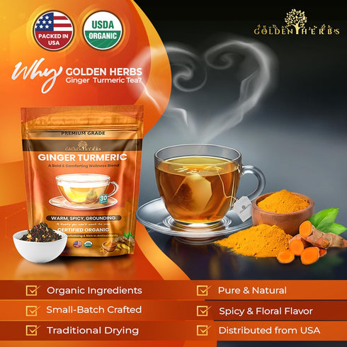 GOLDEN HERBS 30 Packed Organic Ginger Turmeric Tea USDA Organic Herbal Tea, Caffeine Free, Warming Wellness Blend