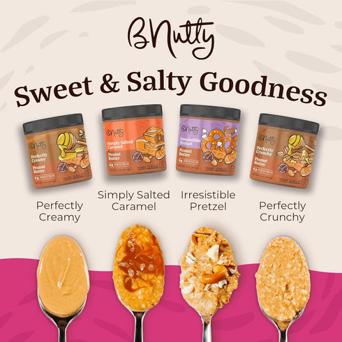 9oz 4-Pack B'Nutty Sweet & Salty Peanut Butter | Simply Irresistible Salted Caramel & Pretzel Peanut Butter |