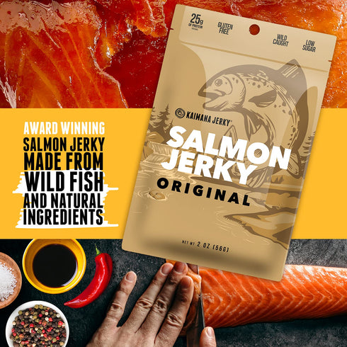 Omega-3 2oz Pack Kaimana Jerky Wild Caught Salmon Jerky - Organic Gourmet Smoked Dried Fish Strips Rich in & Protein