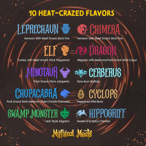 Pack 10 Mythical Meats Cryptid Heatwave Spicy Variety Legendary Exotic Game & Beef Snack Sticks Dried & Dehydrated