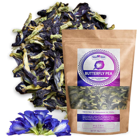 Sou Zen Butterfly Pea Flowers (80 g) Dried Tea Leaves, Organic Nootropics, Natural Raw Drink Mix with Antioxidants
